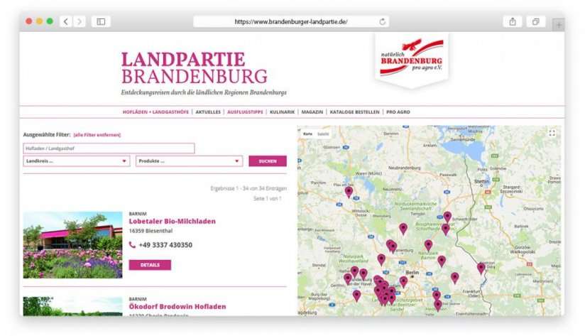Übersichtsseite der Hofläden mit Such- und Filterfunktion
