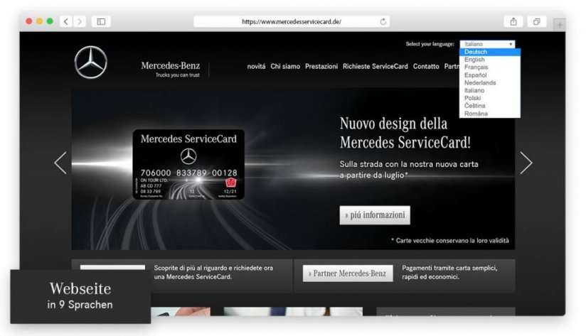 Die Mercedes ServiceCard-Website in 9 Sprachen