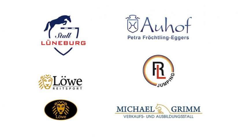 Logos für unsere Pferdesport Kunden: Stall Lüneburg, Auhof, Reitsport Löwe, Riad Landoulsi und Michael Grimm.
