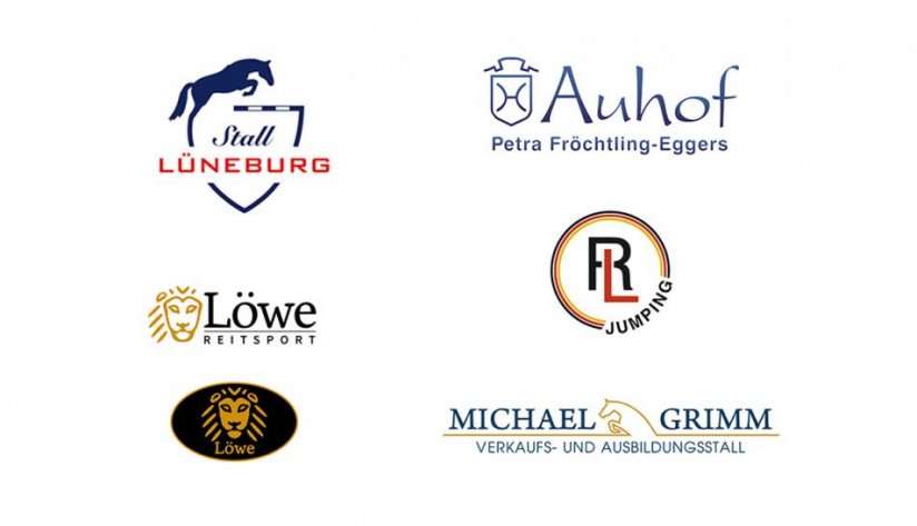 Logos für unsere Pferdesport Kunden: Stall Lüneburg, Auhof, Reitsport Löwe, Riad Landoulsi und Michael Grimm.
